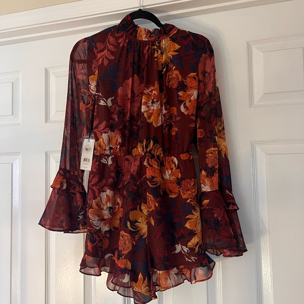 Lulu's Rust Floral Long-Sleeve Ruffle Romper - Picture 4 of 5